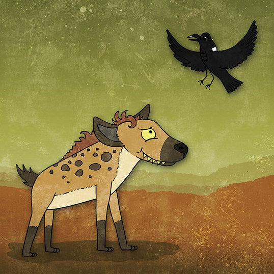 A spotted hyena on dusty, reddish ground looks up at a black raven flying against a green sky.