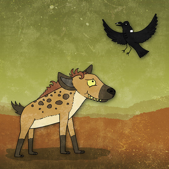 Hyena grins up at Raven swooping overhead, the two friends playing on the dusty plains.
