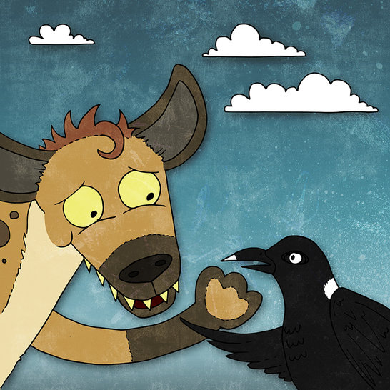 A cartoon hyena reaches out a paw to a black-and-white bird beneath a blue sky with fluffy clouds, wearing a hopeful expression as if asking to fly together.