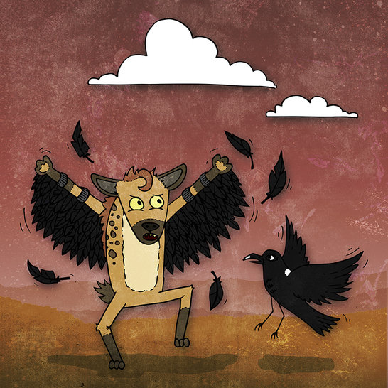 Hyena flaps homemade black-feather wings as loose feathers scatter and Raven watches, but Hyena is too heavy to fly.