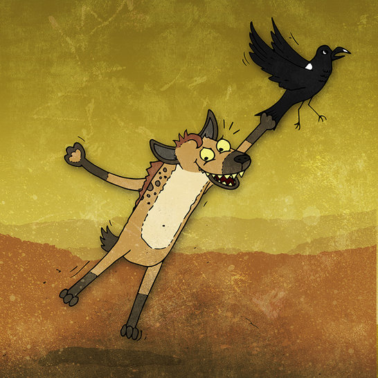 Hyena jumps and grabs Raven's leg as the black bird lifts into the sky above a dusty plain.